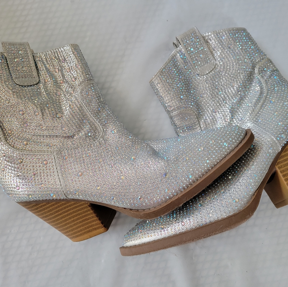 Sparkling Silver Rhinestone Western Ankle Boots - Women's